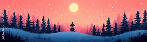 Serene Sunset Over Snowy Landscape with Silhouetted Trees and Watchtower Under Starry Sky