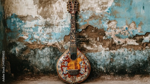 A sitar with ornate details leaning against a wall