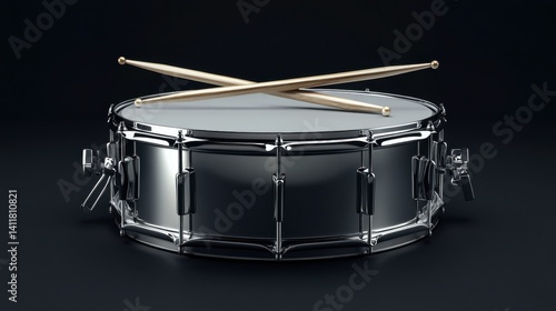 A snare drum with two sticks crossed on top