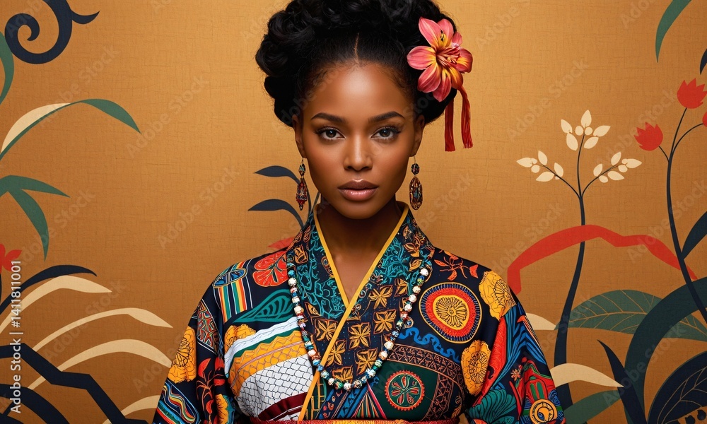 cultural fusion style portrait of a woman blending elements of traditional African patterns with Japanese kimono design cultural fusion style portrait of a woman blending elements of traditional African patterns with Japanese kimono design