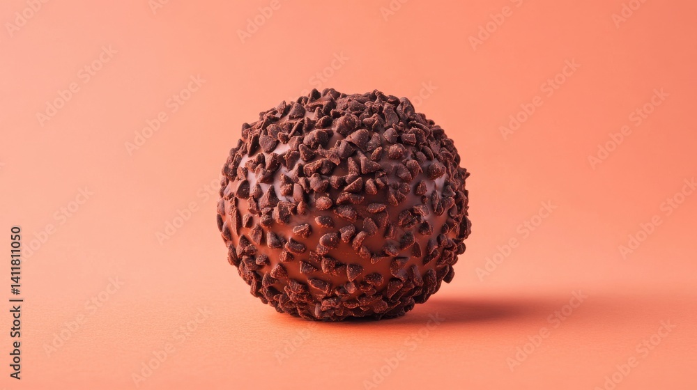 A round chocolate truffle coated with chocolate sprinkles, set against a soft pink background, creating a visually appealing and indulgent treat. A round chocolate truffle coated with chocolate sprinkles, set against a soft pink background, creating a visually appealing and indulgent treat.