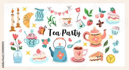 Hand drawn tea party collection with cute teapots, cups, cakes, and cozy details. Perfect for stickers, prints, postcards, and summer party designs. Vector illustration.