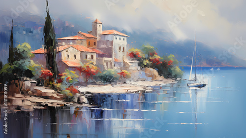mediterranean costal villiage on a rainy day oil painting abstract decorative painting