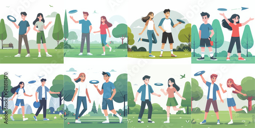 Playing frisbee outdoors: Young people enjoying a disc game in the park.

