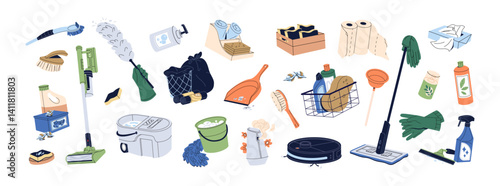 Set of cleaning equipment. Different supplies for cleanup. Housework kit, household tools: detergents, washing products, vacuum cleaner, mop. Flat isolated vector illustrations on white background