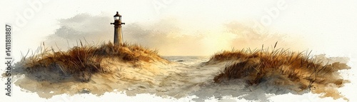 Serene Landscape with Lighthouse Overlooking Tranquil Ocean Waves and Sandy Shoreline at Dusk