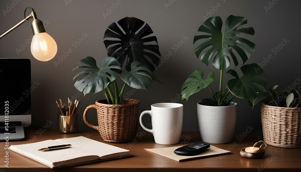 Mug mockup with workspace accessories and a monstera plant. Mug mockup with workspace accessories and a monstera plant.