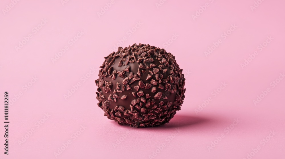 A round chocolate truffle coated with chocolate sprinkles, set against a soft pink background, creating a visually appealing and indulgent treat. A round chocolate truffle coated with chocolate sprinkles, set against a soft pink background, creating a visually appealing and indulgent treat.