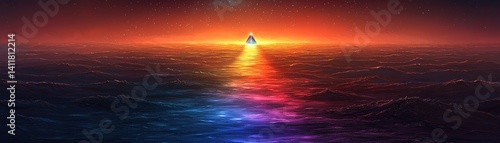 Vibrant Sunset Over Calm Ocean with Mysterious Pyramid in the Distance