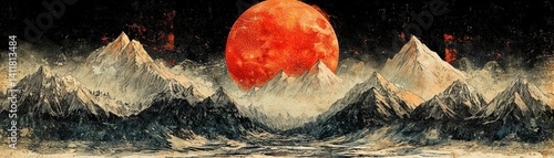 Surreal Mountain Landscape with Fiery Red Moon and Dramatic Sky at Twilight