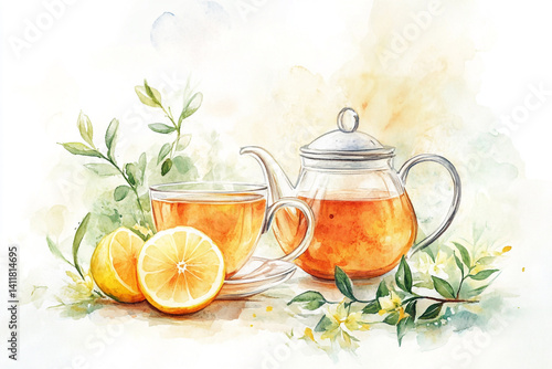 Fototapeta Naklejka Na Ścianę i Meble -  A watercolor painting of lemon tea a teapot and cup with lemon slices and flowers
