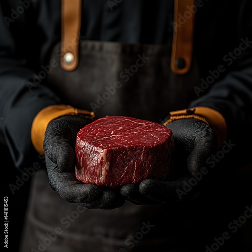 In the foreground, a butcher's gloved hands hold a large, raw, marbled steak, showcasing its rich texture and dark red color, against a black background.