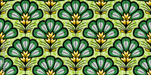 African ethnic traditional green pattern. seamless beautiful Kitenge, chitenge style. fashion design in colorful. Geometric flowers abstract motif. Floral Ankara prints, African wax prints.