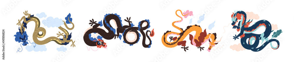 Obraz premium Set of flying Chinese dragon in sky. Asian fantasy monsters fly among clouds. Mystic Japanese reptiles crooked into loop are soaring in the air. Flat isolated vector illustrations on white background