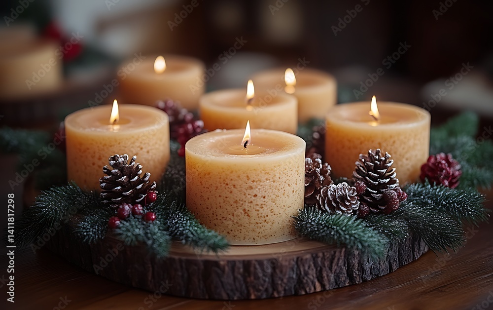 Six lit candles on a wooden slice with pine cones and greenery. Six lit candles on a wooden slice with pine cones and greenery.