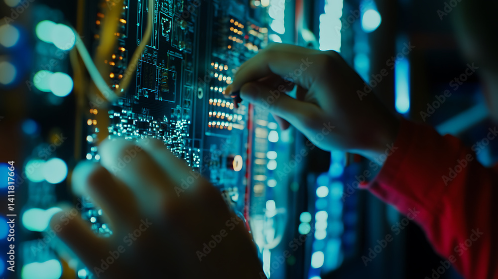 Electrician testing a circuit board in a control panel. Featuring expertise and safety Electrician testing a circuit board in a control panel. Featuring expertise and safety