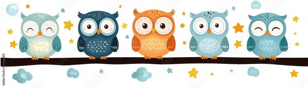 Obraz premium Colorful Cartoon Owls on a Branch with Stars and Clouds in a Whimsical Style