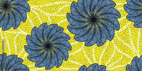 African ethnic traditional yellow pattern. seamless beautiful Kitenge, chitenge style. fashion design in colorful. Geometric Blue circle abstract motif. Floral Ankara prints, African wax prints.
