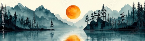 Serene Sunset Over Tranquil Lake Surrounded by Majestic Mountains and Tall Evergreen Trees
