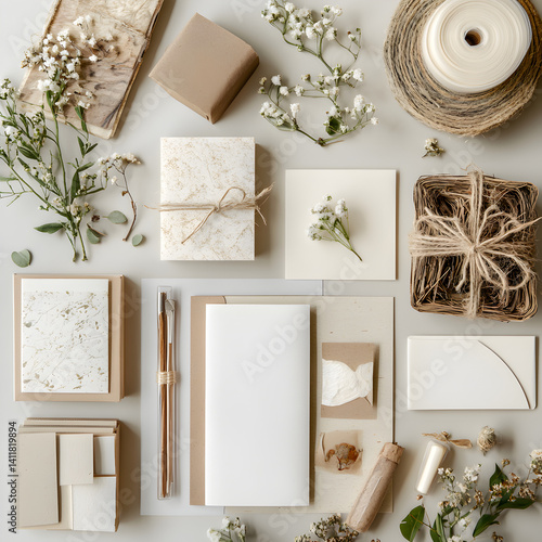 Rustic Gift Presentation: A carefully curated flat lay showcasing an array of organic gift wrapping elements, evoking a sense of earthy elegance and natural beauty.
