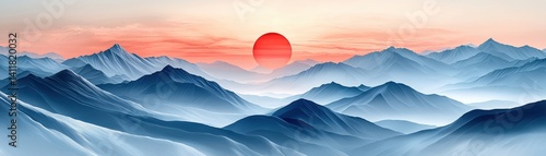Serene Landscape with Mountains and Vibrant Sun at Dusk Over a Misty Horizon in Soft Hues