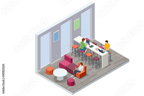 An isometric coworking area with colorful seating, modern bar desks, and relaxed zones where people work on laptops and phones