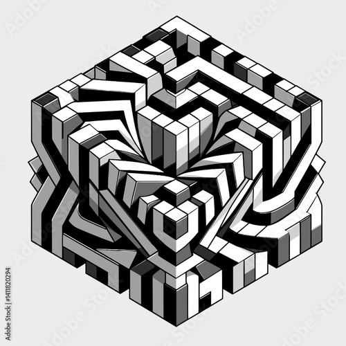 Optical illusion art featuring a 3D cube with intricate black and white patterns creating depth
