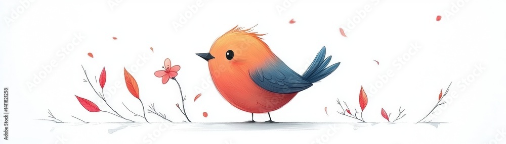 Obraz premium Colorful Cartoon Bird with Flower and Leaves in a Minimalist Design for Children's Art