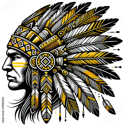 Cultural Heritage in Profile: A striking illustration of a Native American chief, adorned in a vibrant headdress and ceremonial markings, captures a sense of ancestral pride and cultural richness.