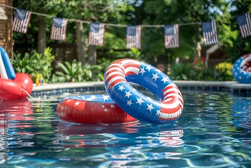 Vibrant swimming pool with red, blue inflatables, American flags, festive 4th of July celebration

