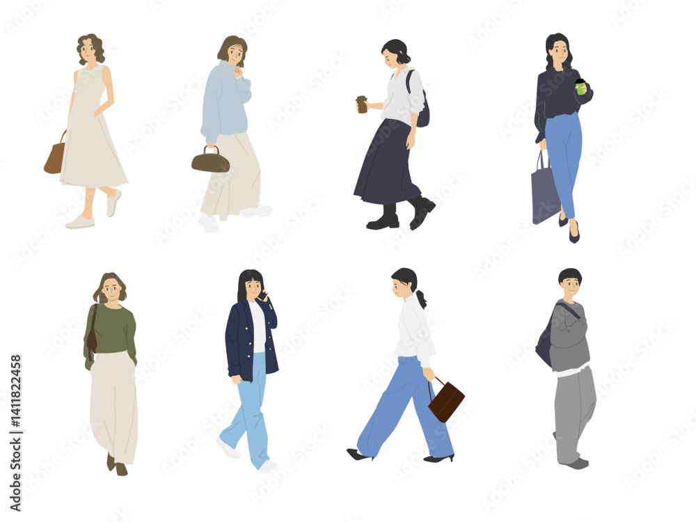 Collection of Walking Women - Set of vector illustrations featuring people walking with different styles:holding a coffee, carrying a bag, talking on the phone, and more. Collection of Walking Women - Set of vector illustrations featuring people walking with different styles:holding a coffee, carrying a bag, talking on the phone, and more.