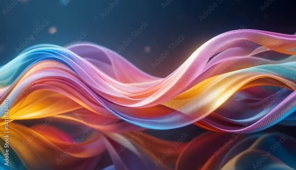 Abstract 3D background with animation of colorful bright waves. Wavy animation of transparent silk fabric with reflection. Modern design for presentations, advertising, social networks Abstract 3D background with animation of colorful bright waves. Wavy animation of transparent silk fabric with reflection. Modern design for presentations, advertising, social networks