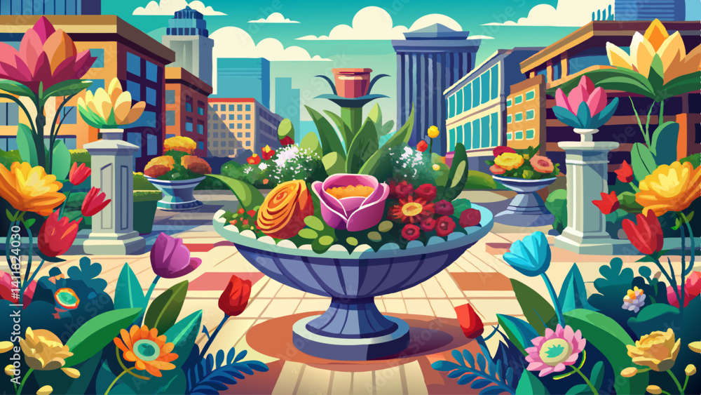 Fototapeta premium Colorful flower arrangements line a busy city square, adding charm to the concrete.