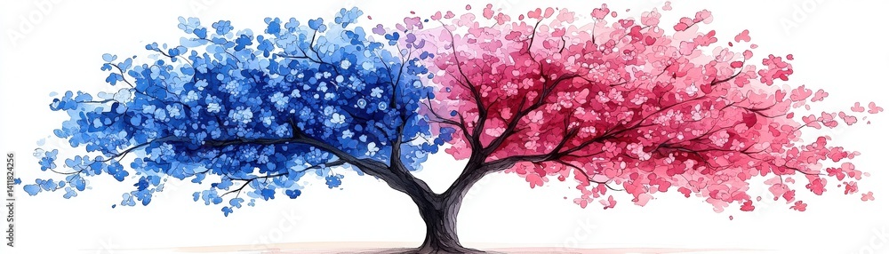 Fototapeta premium Colorful tree with blue and pink blossoms showcasing artistic nature and vibrant design elements