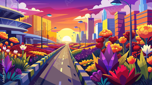 Urban median filled with red, yellow, and purple flowers glowing under the sun.