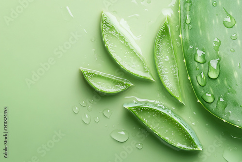 Fresh aloe vera leaves and gel on green background water drops natural skincare