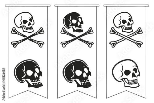 Hanging Halloween banner set with skull and crossbones black and white illustration.