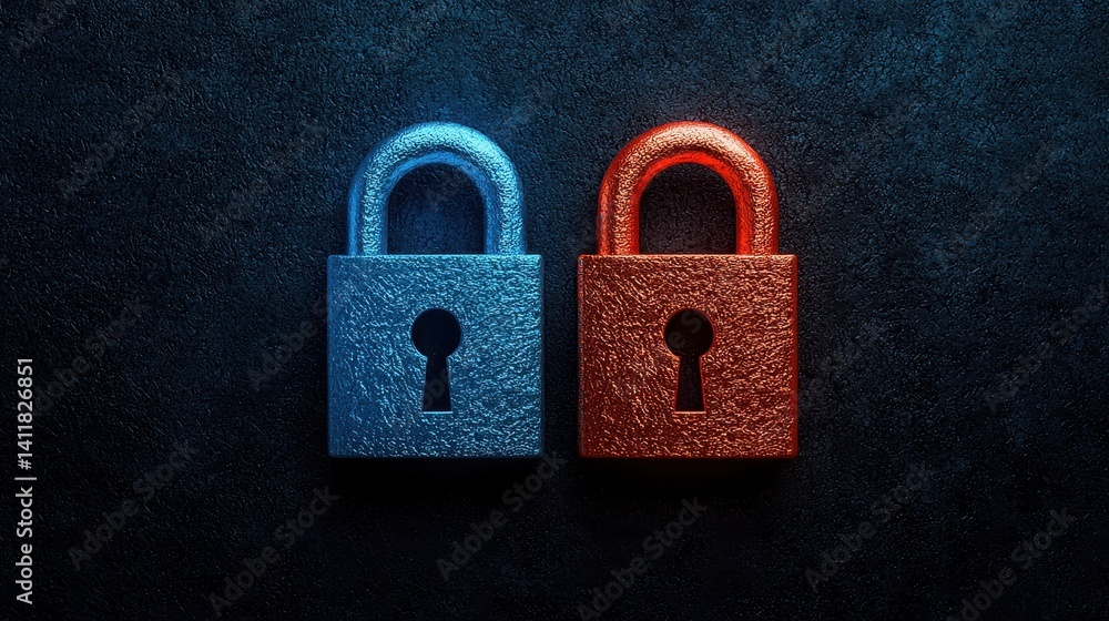 Fototapeta premium Colorful blue and red padlocks representing security, protection, and privacy on dark textured background