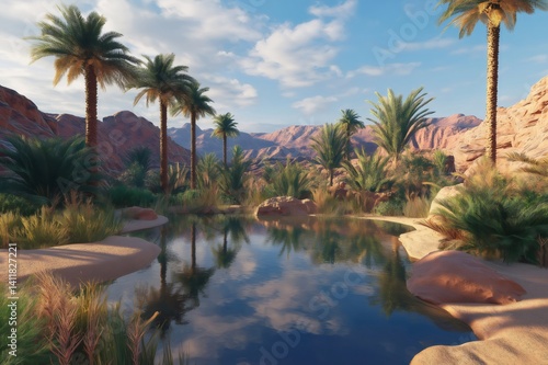 Lush vegetation and palm trees enveloping a tranquil pond reflect the serene beauty of a rocky desert oasis in the wilderness