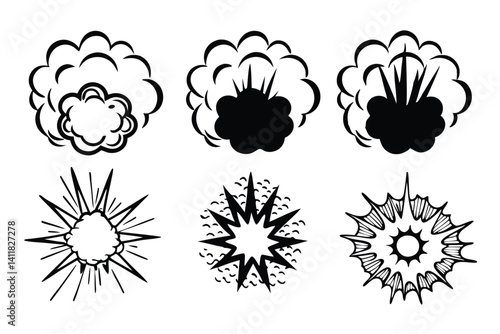 Set of black and white comic speech bubbles and explosion effects vector.