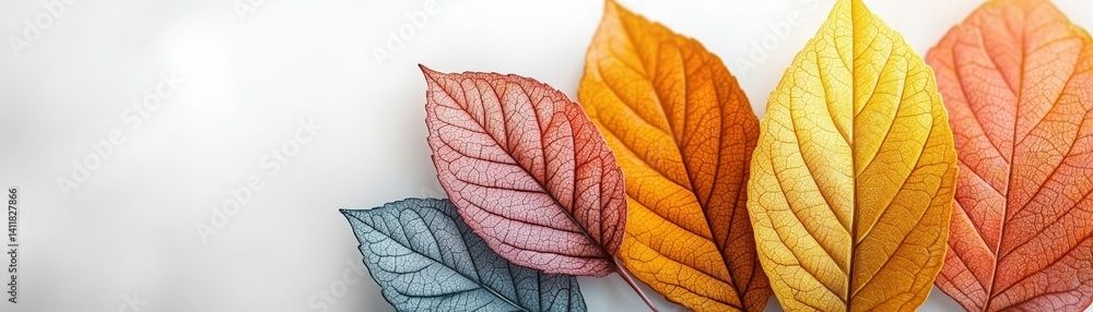 Obraz premium Colorful Autumn Leaves in Shades of Orange, Yellow, Red, and Blue on a Soft Background