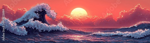 Vibrant Sunset over Ocean Waves with Dramatic Sky and Foamy Cresting Waves at Dusk