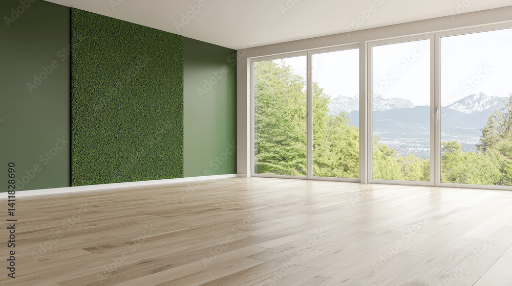 Fototapeta premium spacious modern living room featuring vertical green wall, large windows, and beautiful view of nature