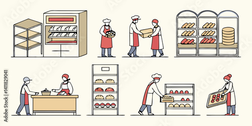 Cartoon Bakery: Bread, Pastries, Bakers Line Art