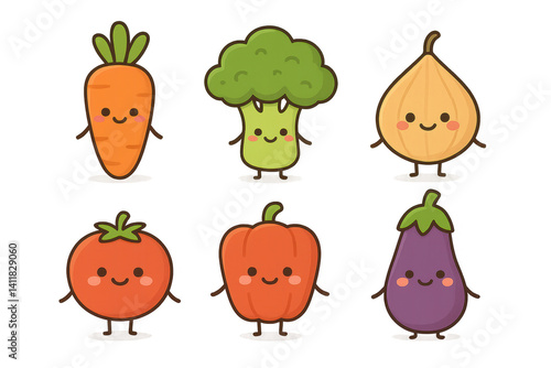 Cute Kawaii Vegetables – Cartoon Carrot, Broccoli, Onion, Tomato, Pepper, and Eggplant Characters