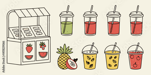 Cartoon Fruit Juice Stand with Colorful Summer Drinks Illustration