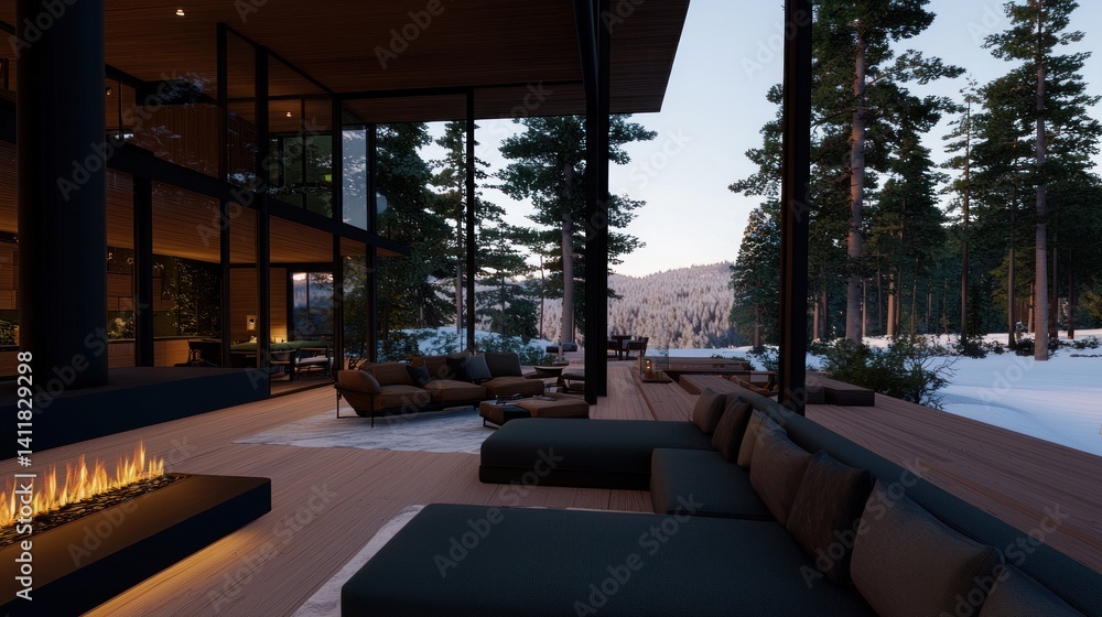 Fototapeta premium Modern chalet living room with fireplace, deck, and snowy forest view