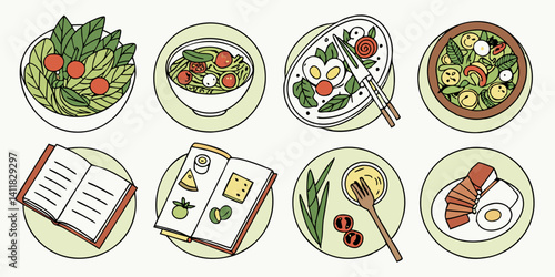 Healthy Salad Recipe Flat Line Art Food Icons