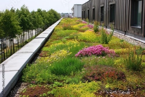 Green Roof with Wildflowers A building roof densely planted with wildflowers and succulents under midday light