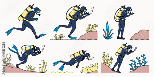 Scuba Diver Cartoon Underwater Vector Poses Coral Reef Scene Set